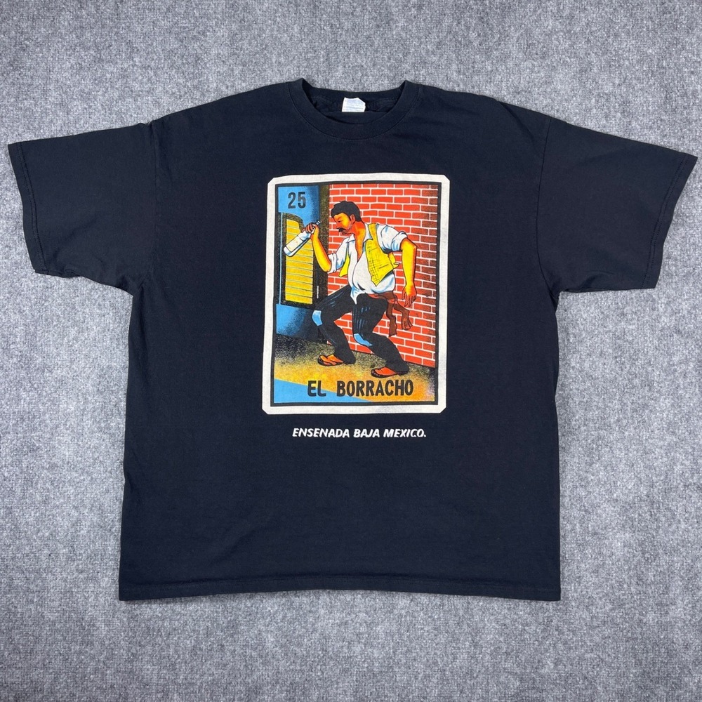 El Borracho Loteria T-Shirt Mens 2XL Black Ensenada Baja Mexico Graphic